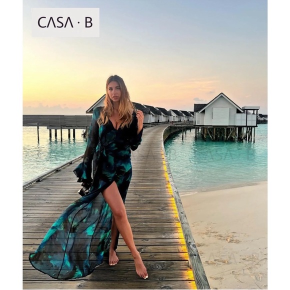 NEW to CASA B!💫| The Lumina Floral Deep V Frill Sleeve Maxi Dress in Azure - Picture 3 of 9